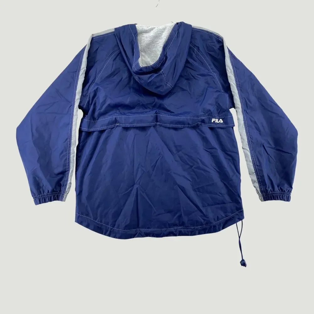 Vintage FILA Blue Hooded Windbreaker Jacket Zip Front 90s Sport Streetwear M